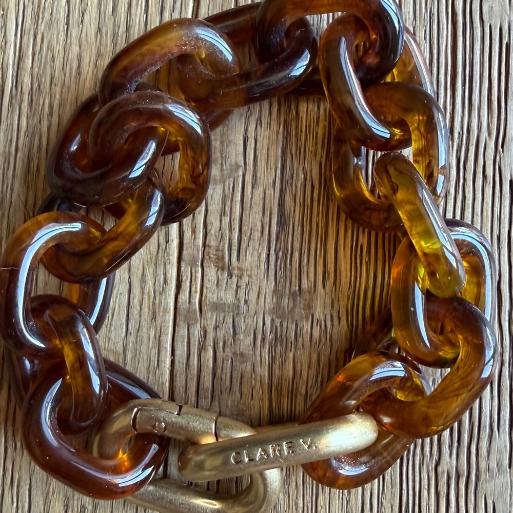 Clare V. Tortoise Resin Link Bracelet Gold Carabiner Statement Jewelry - Picture 2 of 4